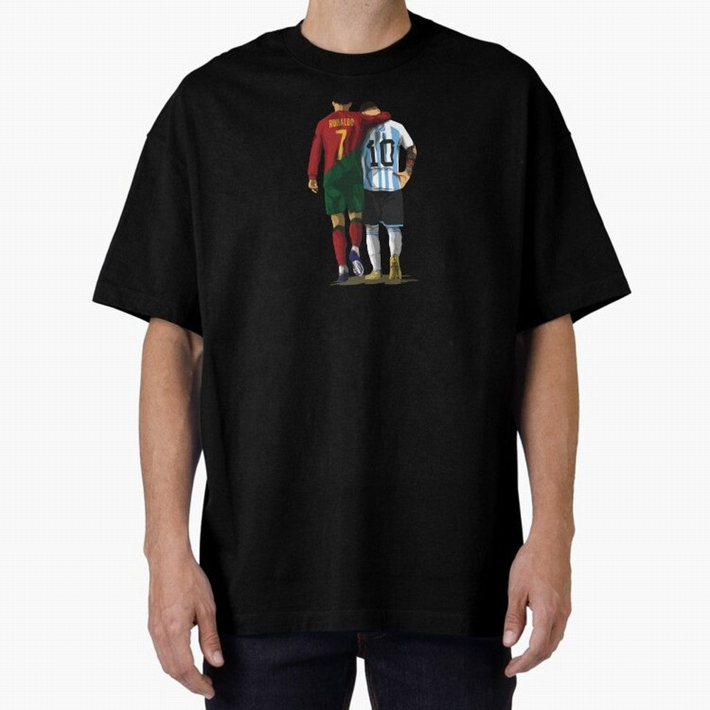 Messi Ronaldo Chit Chat Illustration Oversized T-Shirt Share the Excitement of FIFA World Cup 2026 for Fans of Messi and England and Germany, Bringing Football Festival Excitement, Trophy Ambitions, Country Rivalries and Star Player Buzz; Ideal for