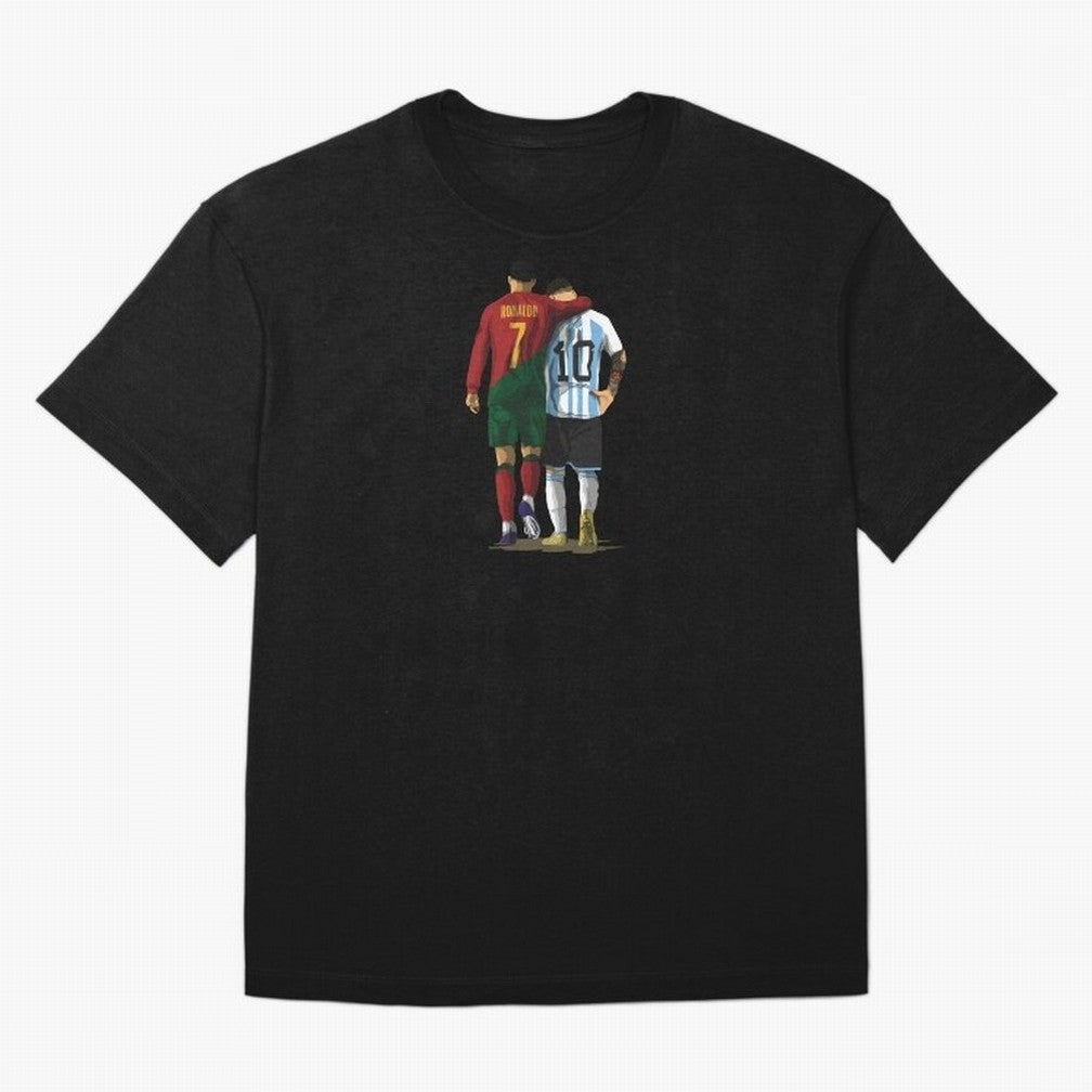 Messi Ronaldo Chit Chat Illustration Oversized T-Shirt Share the Excitement of FIFA World Cup 2026 for Fans of Messi and England and Germany, Bringing Football Festival Excitement, Trophy Ambitions, Country Rivalries and Star Player Buzz; Ideal for