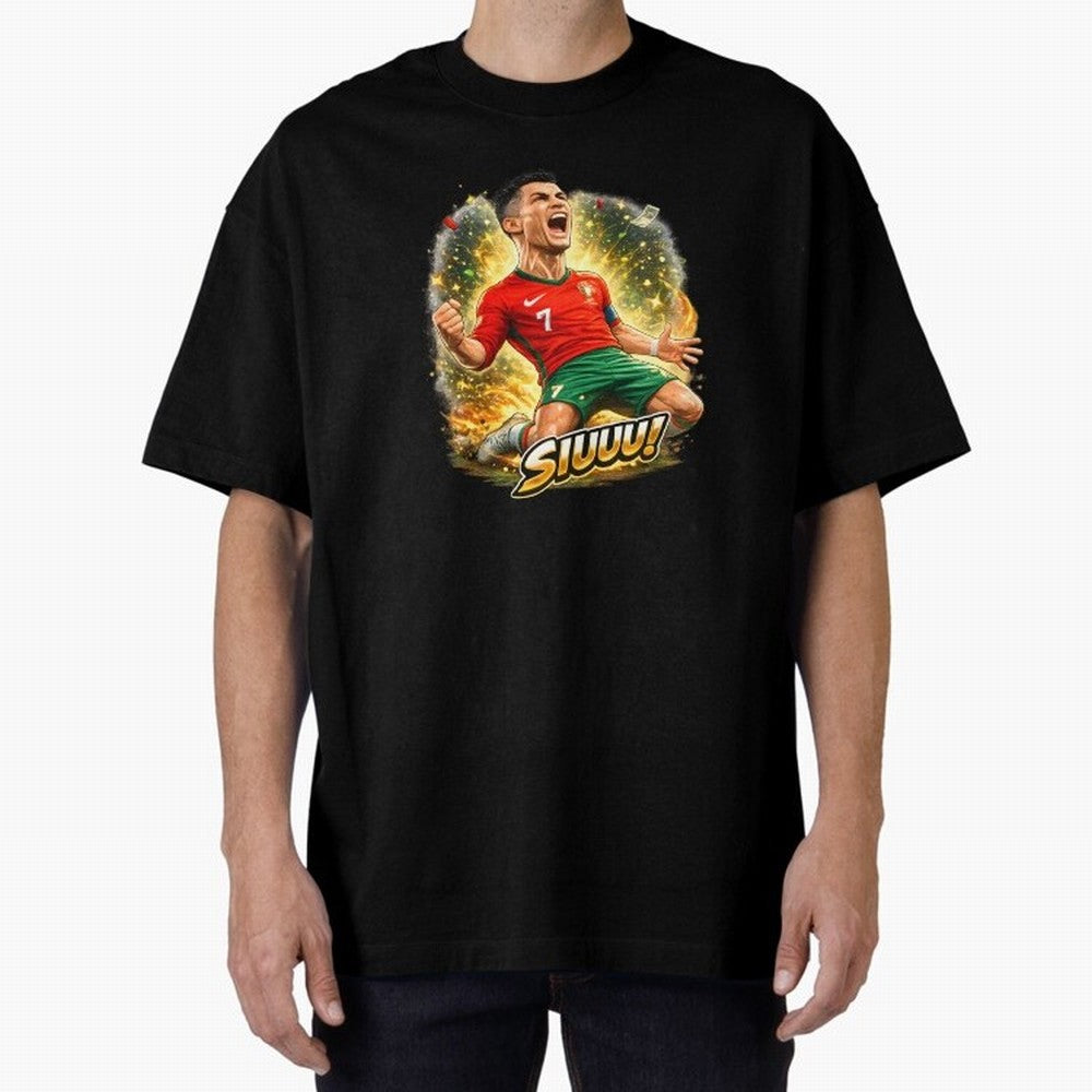 CR7 SIUUU Celebration Cartoon ¨C Legendary Football Goal Celebration Oversized T-Shirt Turn Football Passion into Global Football Passion for FIFA World Cup 2026 Group Stage, Capturing Cristiano Ronaldo, Haaland and CR7, Argentina and Brazil, Goal