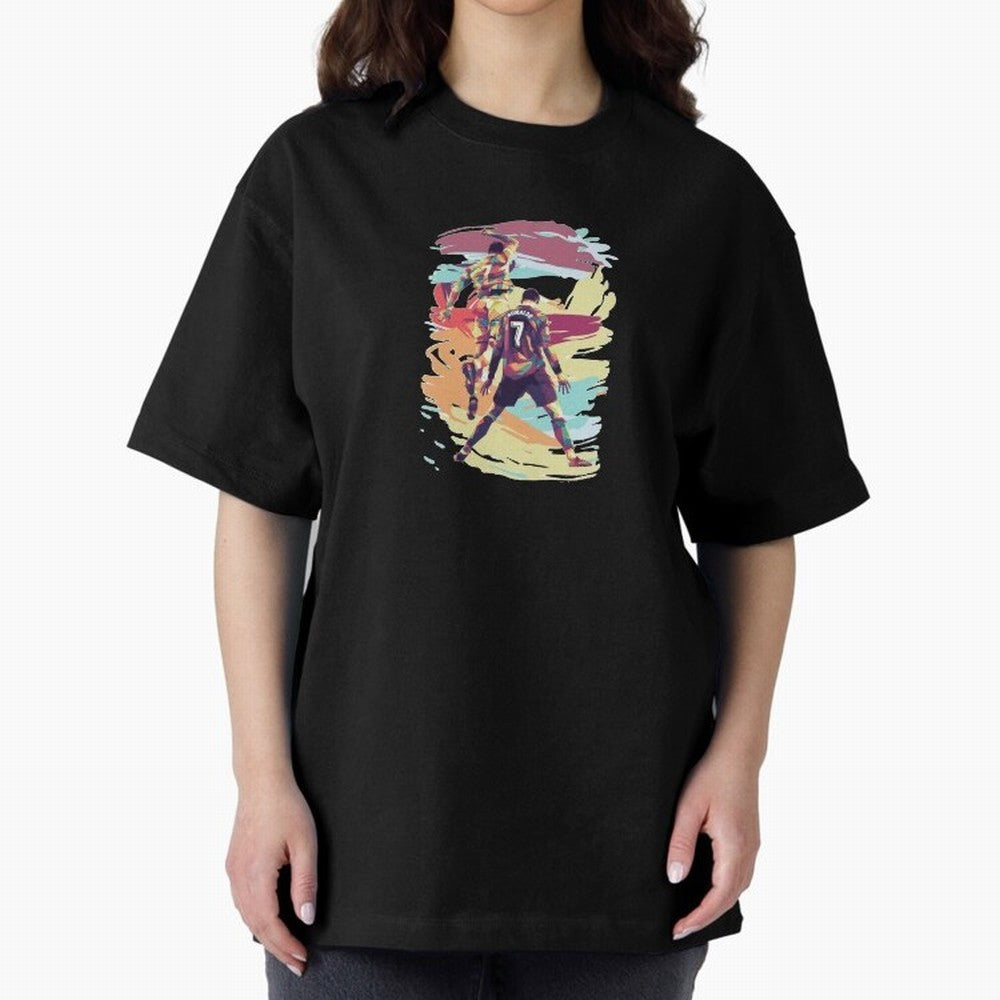 Illustration Cristiano Ronaldo CR7 Oversized T-Shirt Show Your Stadium Side during the FIFA World Cup 2026 USA Canada Mexico Journey through Mbappe Highlights, Argentina, France and Brazil Pride, Goal Celebration Energy, Supporter Heritage,