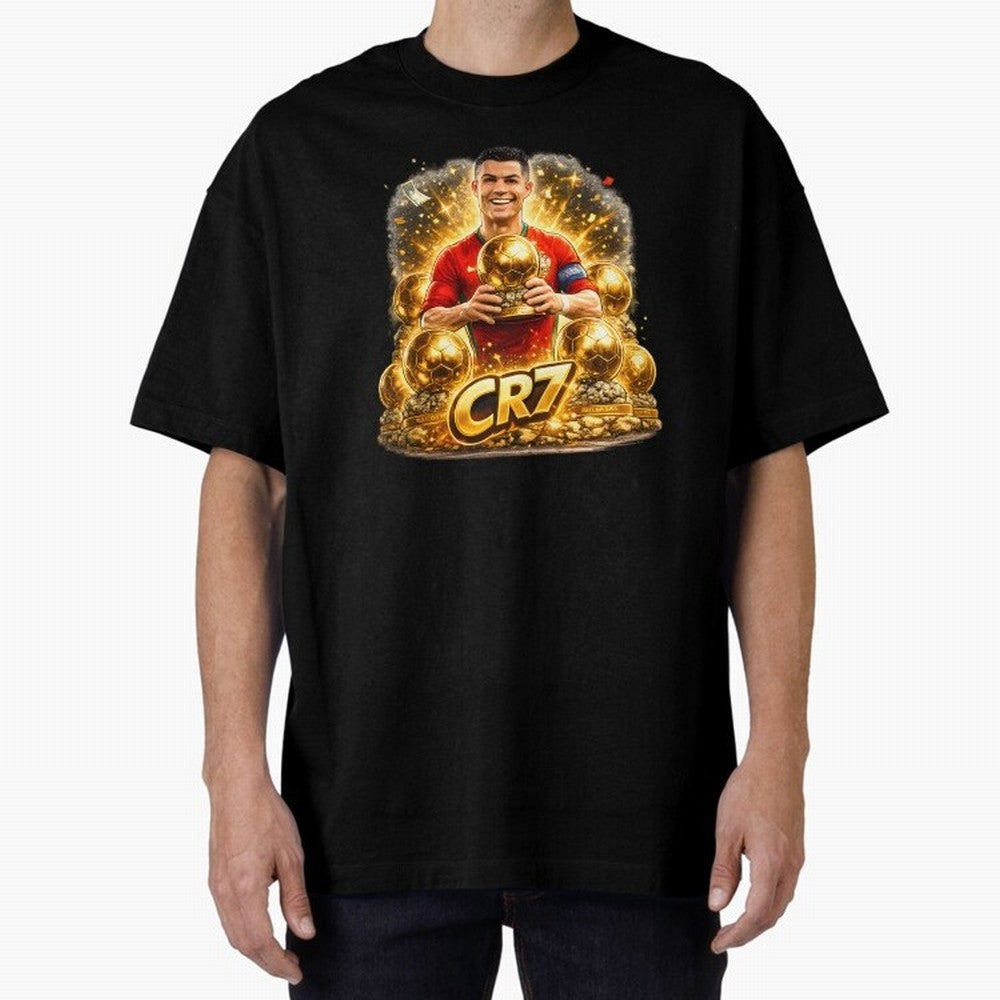 CR7 Five Ballon d'Or Trophies Cartoon ¨C Football Legend Illustration Oversized T-Shirt Represent FIFA World Cup 2026 Group Stage Inspired by Messi, CR7 and Mbappe, France Energy, Football History, Final Match Energy, Crowd Noise and Once in a