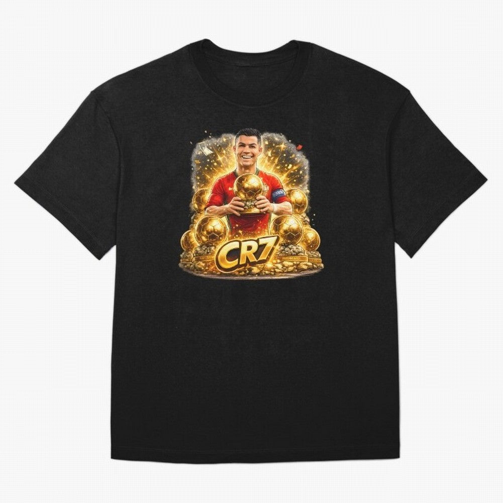 CR7 Five Ballon d'Or Trophies Cartoon ¨C Football Legend Illustration Oversized T-Shirt Represent FIFA World Cup 2026 Group Stage Inspired by Messi, CR7 and Mbappe, France Energy, Football History, Final Match Energy, Crowd Noise and Once in a