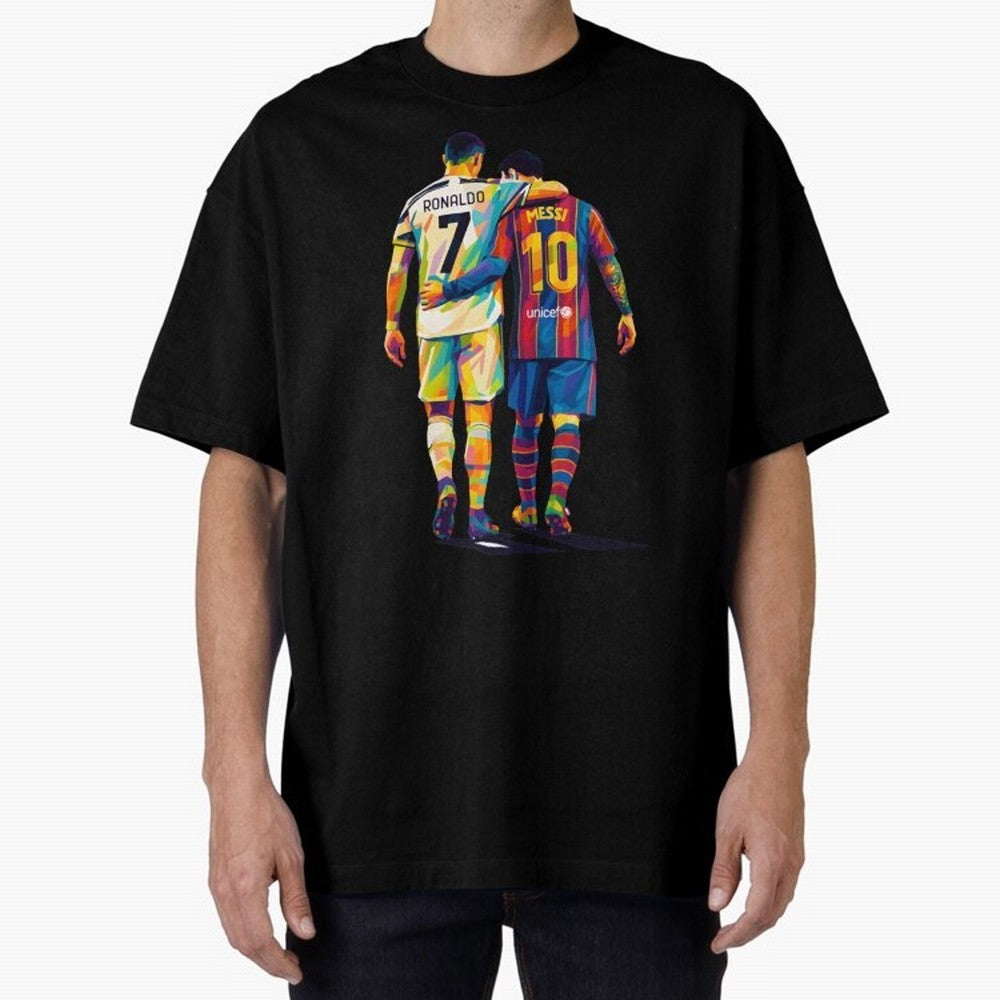 Cristiano Ronaldo and Messi Wpap Art Oversized T-Shirt Spotlight FIFA World Cup 2026 USA Canada Mexico for Fans of Messi, Neymar and Mbappe and France, Bringing Retro Football Energy, Iconic Rivalries, Trophy Chase Drama and Stadium Atmosphere;