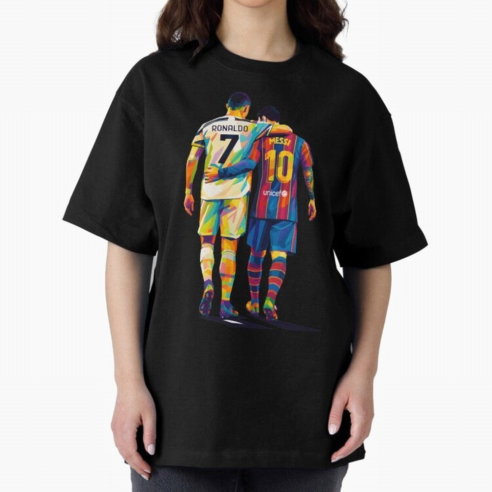Cristiano Ronaldo and Messi Wpap Art Oversized T-Shirt Spotlight FIFA World Cup 2026 USA Canada Mexico for Fans of Messi, Neymar and Mbappe and France, Bringing Retro Football Energy, Iconic Rivalries, Trophy Chase Drama and Stadium Atmosphere;