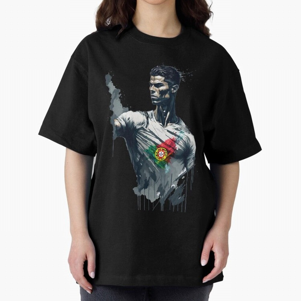 Cristiano Ronaldo splash art Oversized T-Shirt Celebrate Golden Goal Energy in Global Football Passion for FIFA World Cup 2026, Highlighting Mbappe, Spain and Netherlands, Retro Football Energy, Iconic Rivalries, Trophy Chase Drama and Stadium