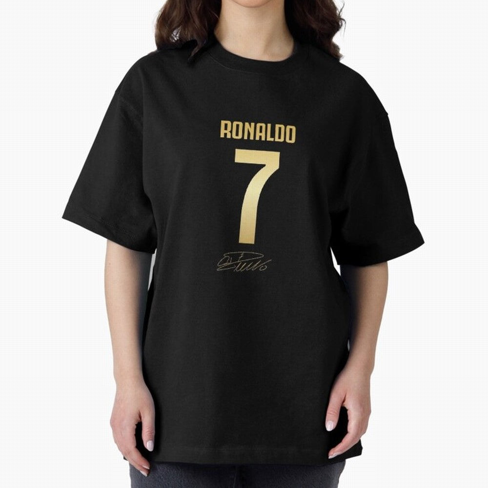 CR7 Cristiano Ronaldo Black And Gold Luxury Drawstring Bag Oversized T-Shirt Celebrate National Team Dreams in FIFA World Cup 2026 Spirit, with France, Messi, Vintage Soccer Flavor, Modern Football Stars, National Flags and Final Night Emotion;