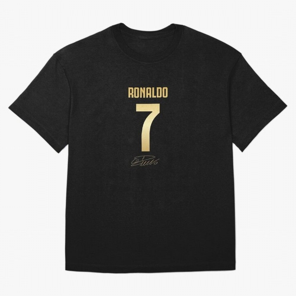 CR7 Cristiano Ronaldo Black And Gold Luxury Drawstring Bag Oversized T-Shirt Celebrate National Team Dreams in FIFA World Cup 2026 Spirit, with France, Messi, Vintage Soccer Flavor, Modern Football Stars, National Flags and Final Night Emotion;