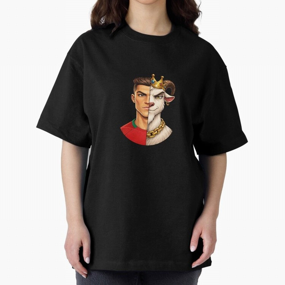Half Man Half Goat - Cristiano Ronaldo Oversized T-Shirt Embrace Global Football Passion for FIFA World Cup 2026, Capturing Mbappe and Neymar, Brazil, Portugal and Argentina, Retro Football Energy, Iconic Rivalries, Trophy Chase Drama and Stadium
