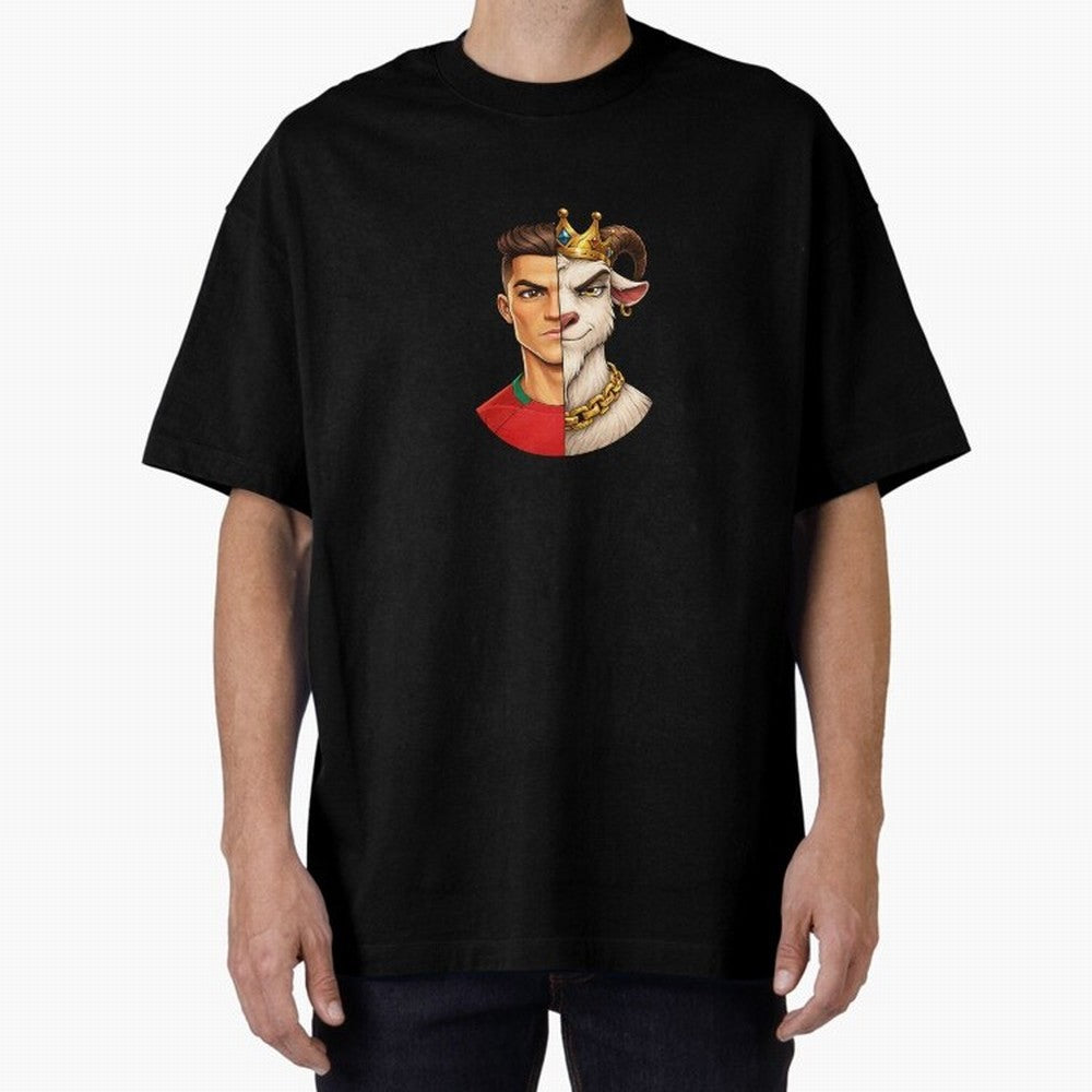 Half Man Half Goat - Cristiano Ronaldo Oversized T-Shirt Embrace Global Football Passion for FIFA World Cup 2026, Capturing Mbappe and Neymar, Brazil, Portugal and Argentina, Retro Football Energy, Iconic Rivalries, Trophy Chase Drama and Stadium