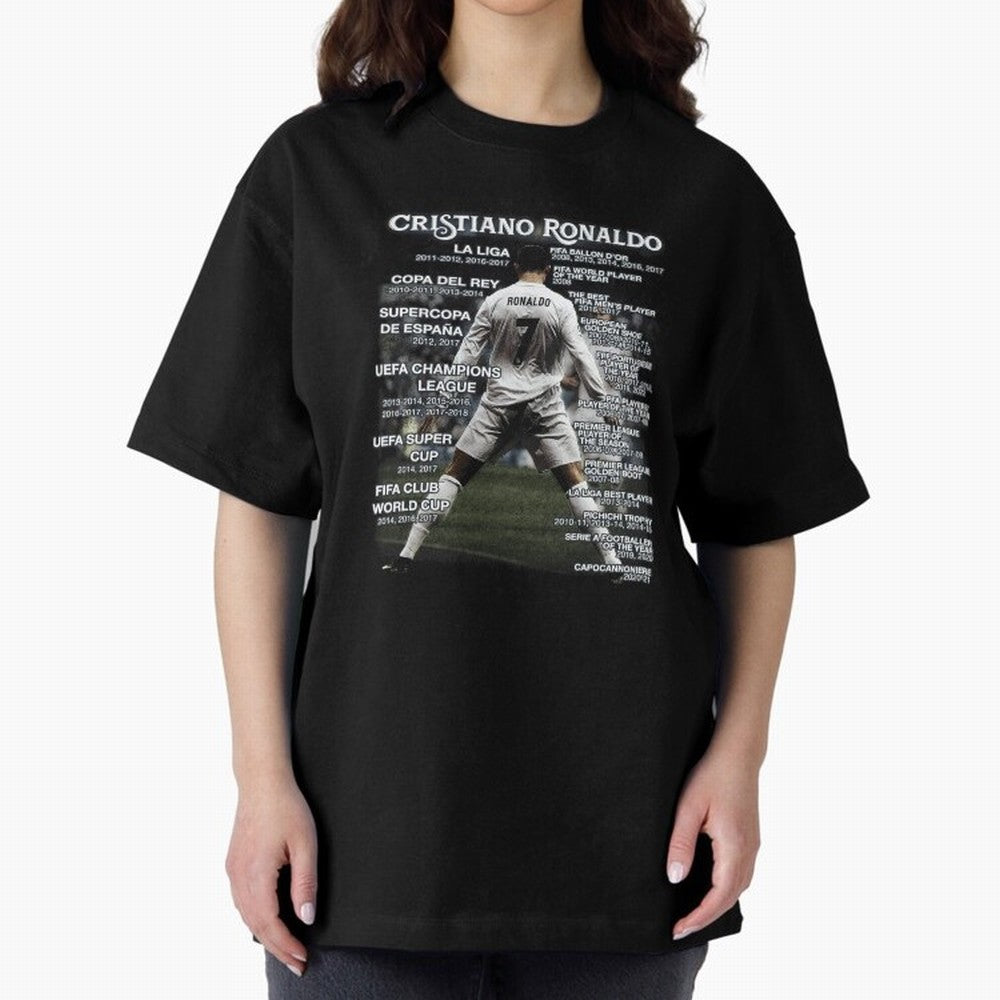 Cristiano Ronaldo Stats Oversized T-Shirt Represent the Passion of FIFA World Cup 2026 Group Stage with CR7 and Messi, Brazil, Portugal and Argentina Energy, Global Supporter Spirit, Legendary Goals, National Colors and Tournament Celebration;