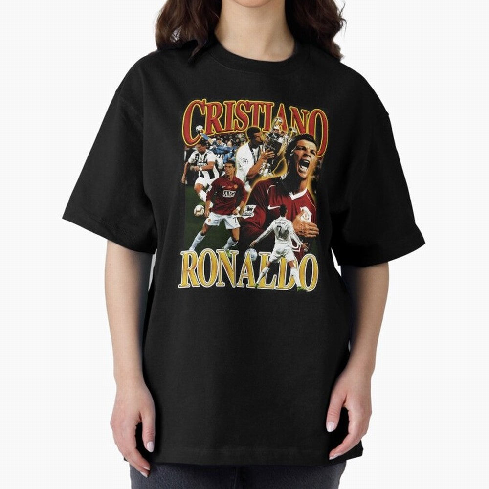 Cristiano Ronaldo Retro Collage Oversized T-Shirt Stand Out with Spirit from FIFA World Cup 2026 Group Stage for Fans of Messi, CR7 and Mbappe and England, Bringing Championship Spirit, Famous Goals, Roaring Crowds and International Football Unity;