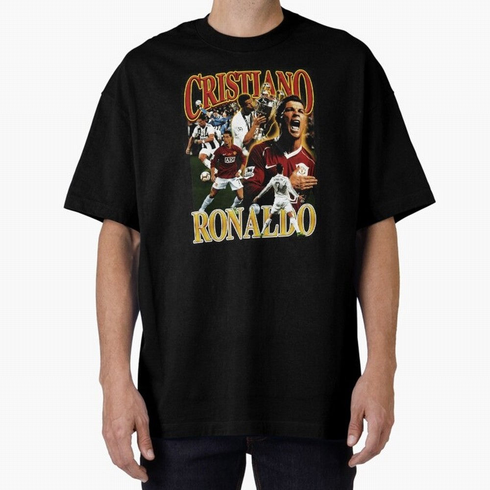 Cristiano Ronaldo Retro Collage Oversized T-Shirt Stand Out with Spirit from FIFA World Cup 2026 Group Stage for Fans of Messi, CR7 and Mbappe and England, Bringing Championship Spirit, Famous Goals, Roaring Crowds and International Football Unity;