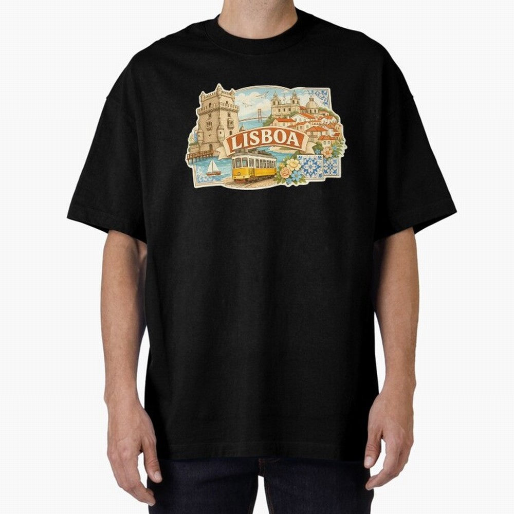 Vintage Tram Lisbon Illustration Oversized T-Shirt Celebrate Supporters United by Global Football Passion for FIFA World Cup 2026 USA Canada Mexico, Filled with Cristiano Ronaldo, Haaland and CR7, England, France and Netherlands, Vintage Soccer