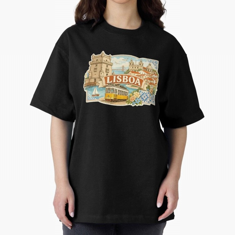 Vintage Tram Lisbon Illustration Oversized T-Shirt Celebrate Supporters United by Global Football Passion for FIFA World Cup 2026 USA Canada Mexico, Filled with Cristiano Ronaldo, Haaland and CR7, England, France and Netherlands, Vintage Soccer