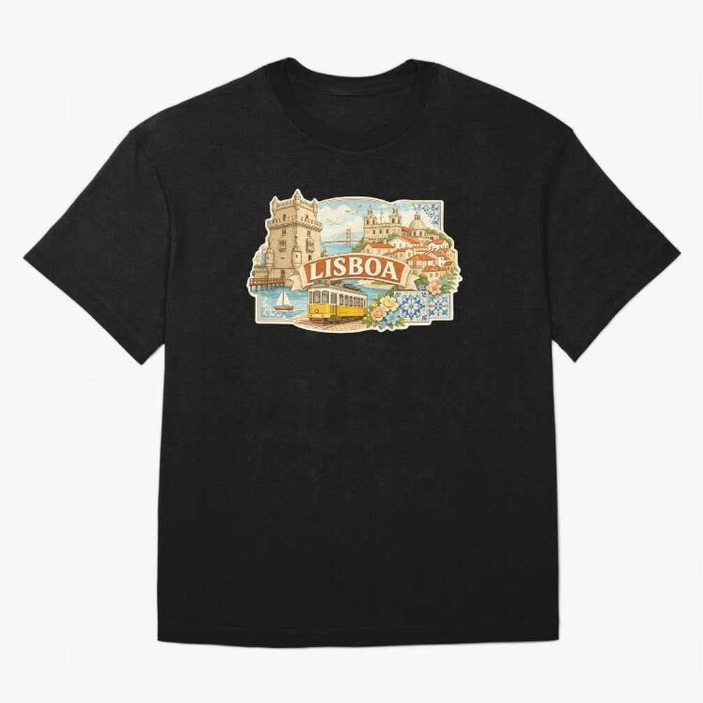 Vintage Tram Lisbon Illustration Oversized T-Shirt Celebrate Supporters United by Global Football Passion for FIFA World Cup 2026 USA Canada Mexico, Filled with Cristiano Ronaldo, Haaland and CR7, England, France and Netherlands, Vintage Soccer