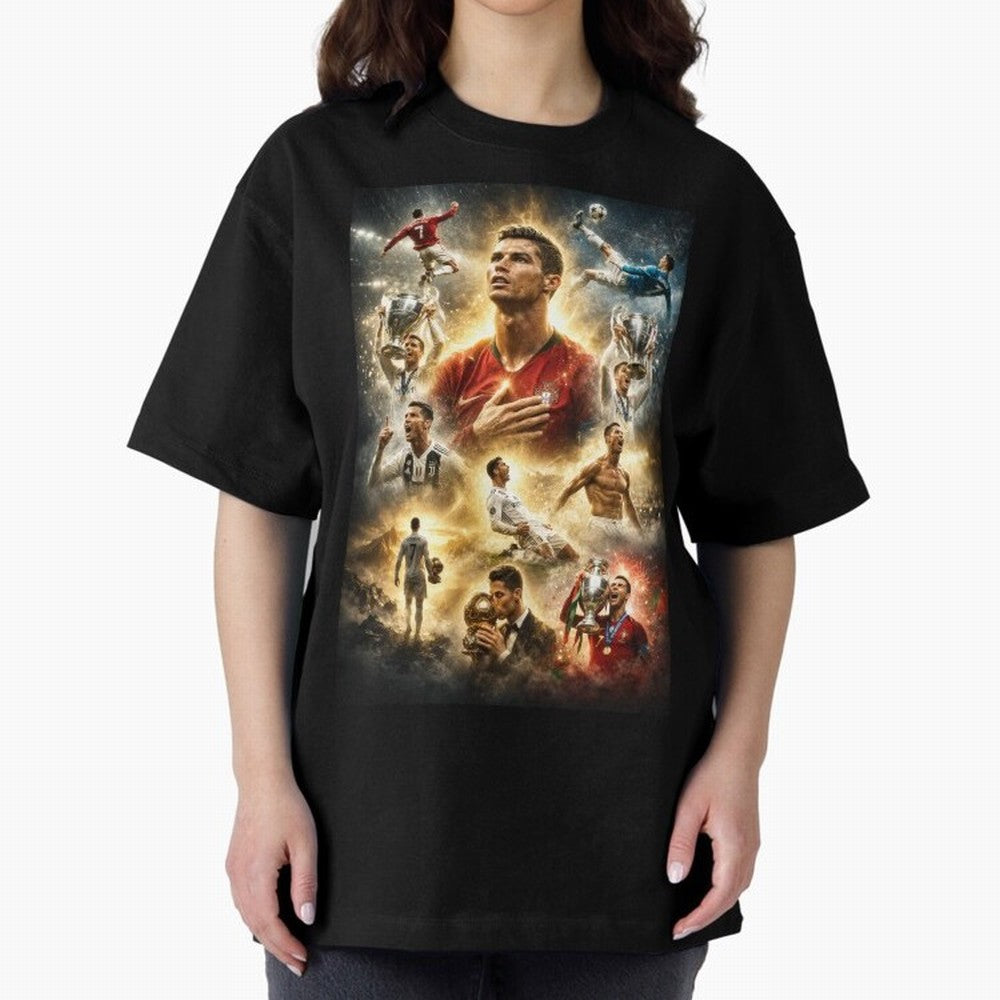 Cristiano Ronaldo Oversized T-Shirt Bring a Vintage Feel to Global Football Passion for FIFA World Cup 2026 Group Stage, Centered on Mbappe and Neymar, Spain, Football Festival Excitement, Trophy Ambitions, Country Rivalries and Star Player Buzz;