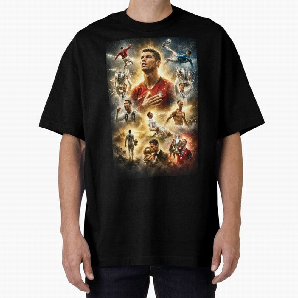 Cristiano Ronaldo Oversized T-Shirt Bring a Vintage Feel to Global Football Passion for FIFA World Cup 2026 Group Stage, Centered on Mbappe and Neymar, Spain, Football Festival Excitement, Trophy Ambitions, Country Rivalries and Star Player Buzz;