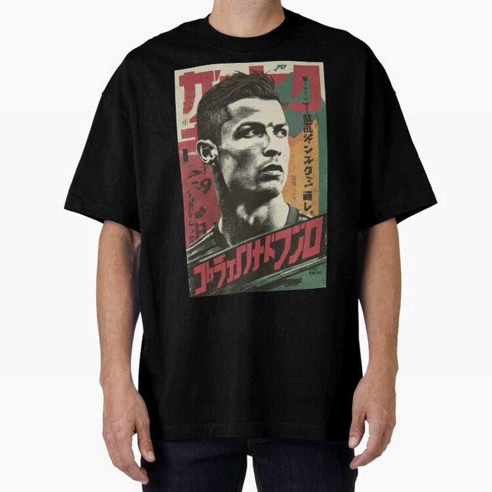 Cristiano Vintage Warned Japanese Poster Oversized T-Shirt Carry the Colors and Pride of Global Football Passion for FIFA World Cup 2026 Group Stage, Centered on Messi, CR7 and Mbappe, Argentina, Vintage Soccer Flavor, Modern Football Stars,