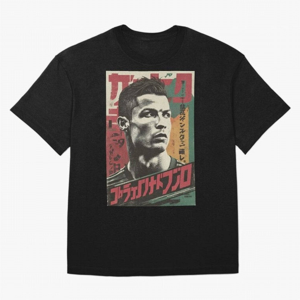 Cristiano Vintage Warned Japanese Poster Oversized T-Shirt Carry the Colors and Pride of Global Football Passion for FIFA World Cup 2026 Group Stage, Centered on Messi, CR7 and Mbappe, Argentina, Vintage Soccer Flavor, Modern Football Stars,
