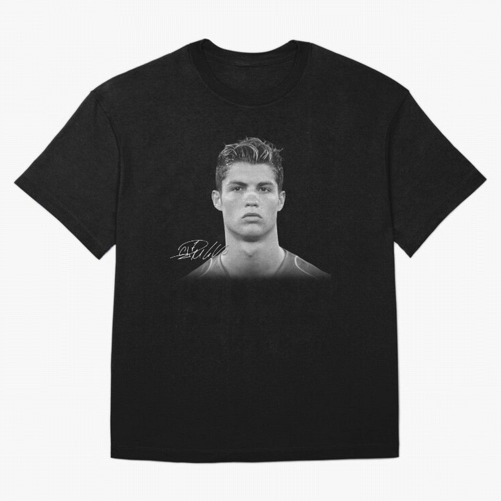 Cristiano Ronaldo T-Shirt Big Face Young Ronaldo - Black and White Oversized T-Shirt Experience the Global Stage of Match Day Hype around FIFA World Cup 2026 Group Stage, Messi and Cristiano Ronaldo, Portugal, Spain and Germany, Fan Favorite