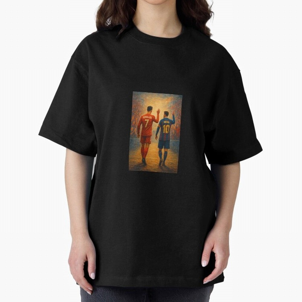 Cristiano Ronaldo and Messi Art Sticker Oversized T-Shirt Make Game Day About FIFA World Cup 2026 with Cristiano Ronaldo, Argentina, France and Brazil Energy, Supporter Pride, Iconic Celebrations, Legendary Names and Global Match Day Energy; Great
