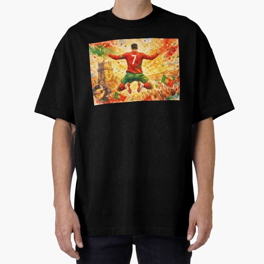 Soccer Player in Mid-Air Celebration Legend CR7 Oversized T-Shirt Live the Energy of FIFA World Cup 2026 Inspired by Neymar, Portugal, Spain and Germany Energy, Worldwide Fan Energy, Dramatic Goals, Stadium Lights and Championship Celebrations;