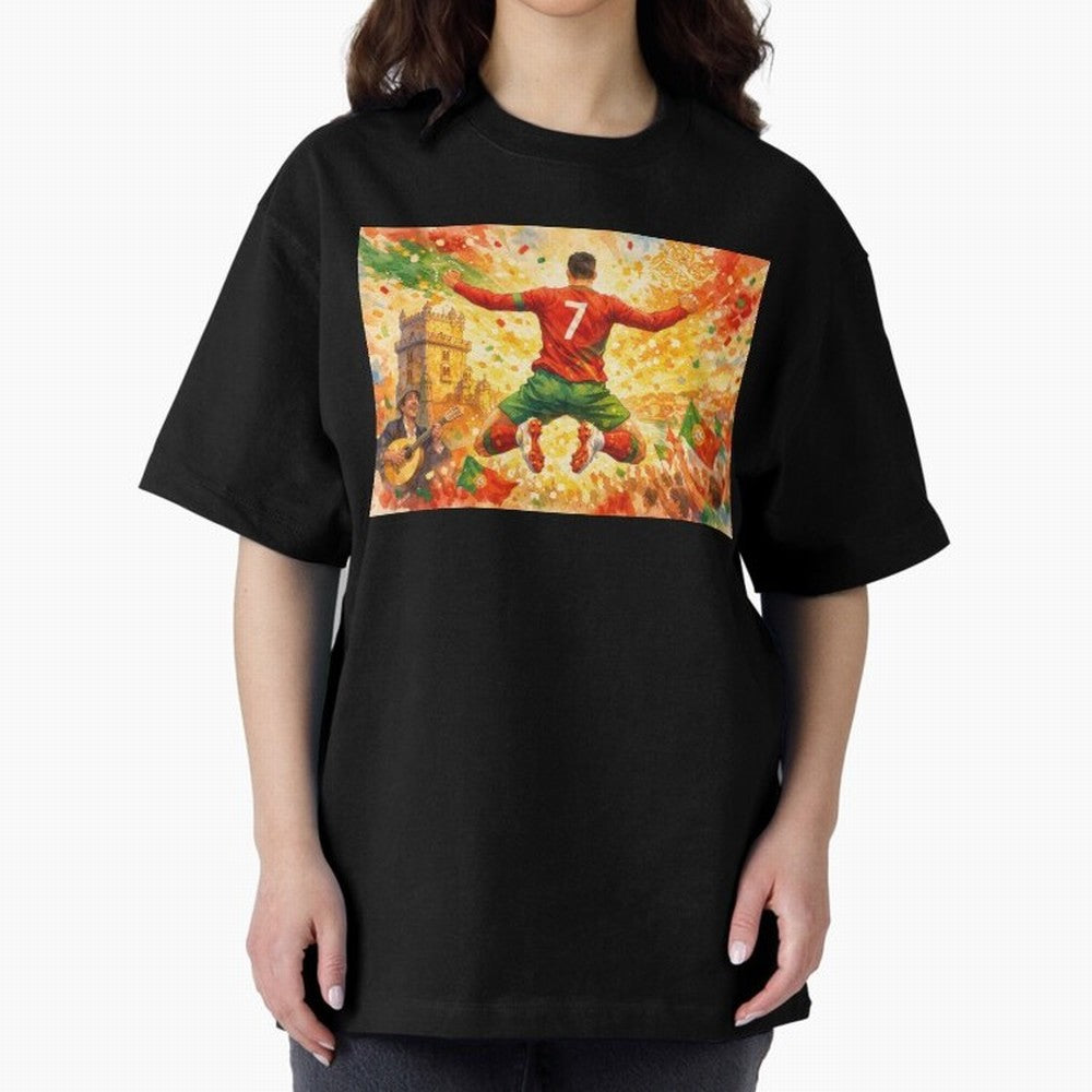 Soccer Player in Mid-Air Celebration Legend CR7 Oversized T-Shirt Live the Energy of FIFA World Cup 2026 Inspired by Neymar, Portugal, Spain and Germany Energy, Worldwide Fan Energy, Dramatic Goals, Stadium Lights and Championship Celebrations;
