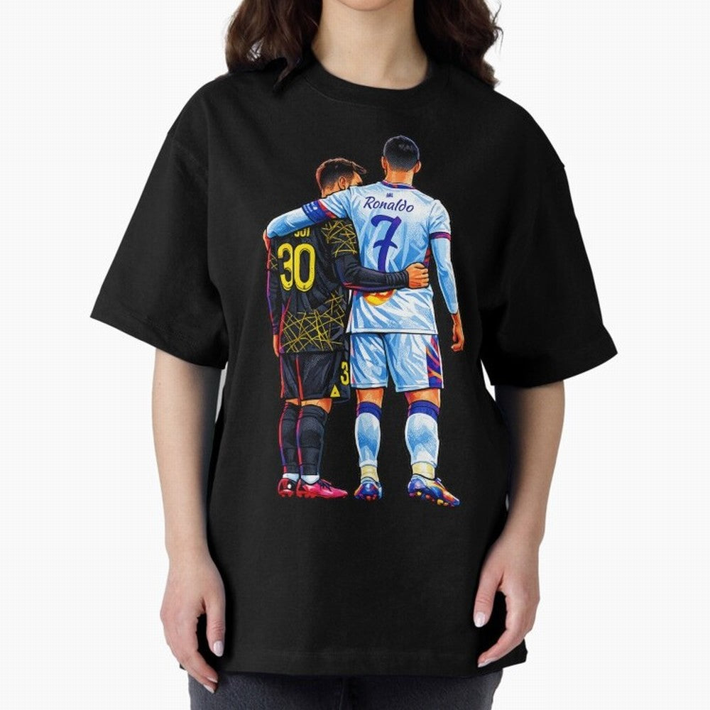 2 GOATS Oversized T-Shirt Feel the Trophy Chase of Global Football Passion for FIFA World Cup 2026 USA Canada Mexico, Driven by Messi, Neymar and Mbappe, France and Portugal, Goal Celebration Energy, Supporter Heritage, Football Icons and Worldwide