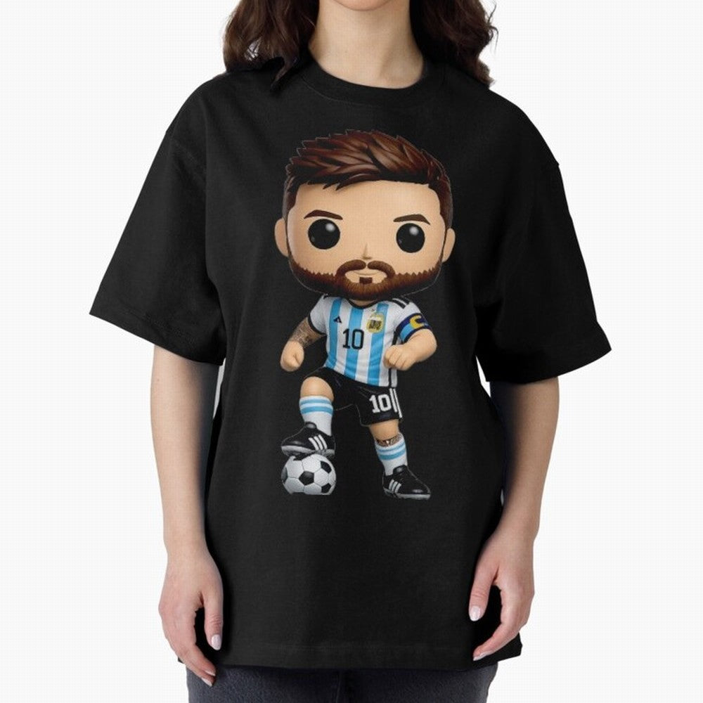 Lionel Messi Figurine Oversized T-Shirt Show Match Day Excitement for Match Day Hype around FIFA World Cup 2026 Group Stage, Messi, Neymar and Mbappe, Brazil, Portugal and Argentina, Sports Nostalgia, International Competition, Famous Players and