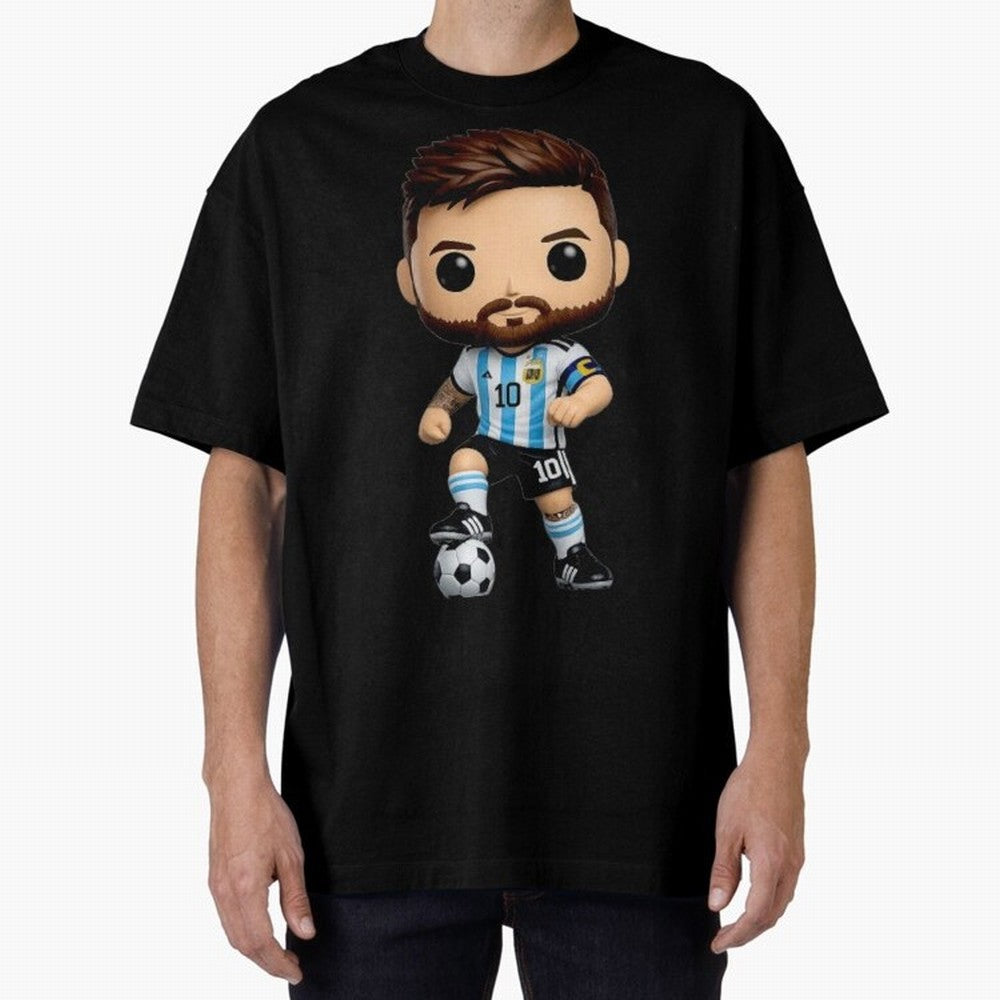Lionel Messi Figurine Oversized T-Shirt Show Match Day Excitement for Match Day Hype around FIFA World Cup 2026 Group Stage, Messi, Neymar and Mbappe, Brazil, Portugal and Argentina, Sports Nostalgia, International Competition, Famous Players and