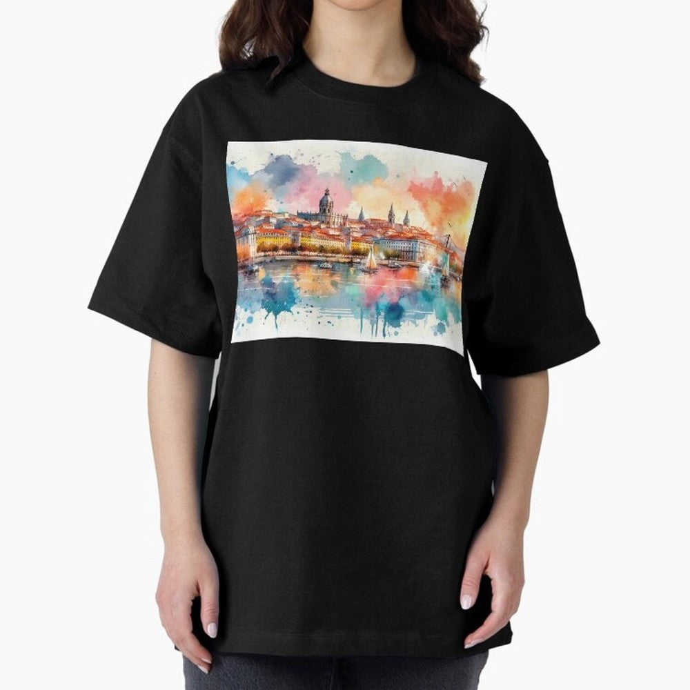 Lisbon cityscape with sailboats Oversized T-Shirt Create FIFA World Cup 2026 Spirit, Connected to England, Neymar, Haaland and Cristiano Ronaldo, Classic Soccer Heritage, Championship Pressure, Fan Loyalty and International Pride; Great for