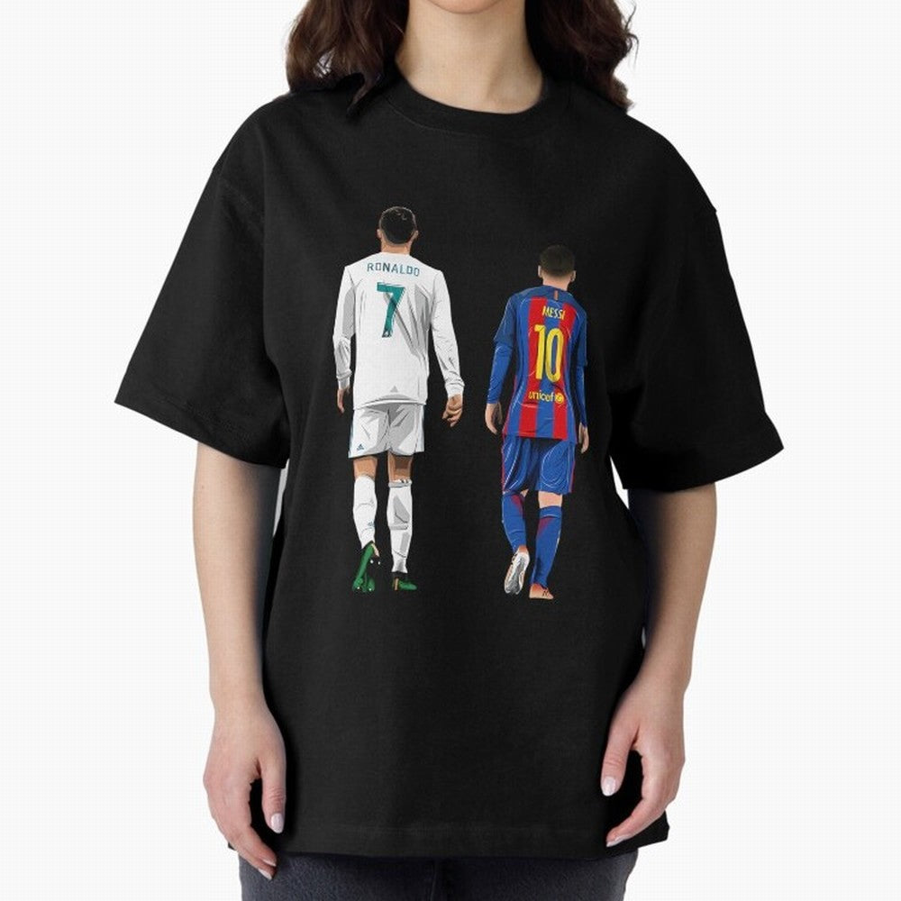 Cristiano Ronaldo And Messi Oversized T-Shirt Honor the Football Icons of FIFA World Cup 2026 Group Stage for Fans of CR7 and Messi and Spain, Bringing Global Supporter Spirit, Legendary Goals, National Colors and Tournament Celebration; Ideal for