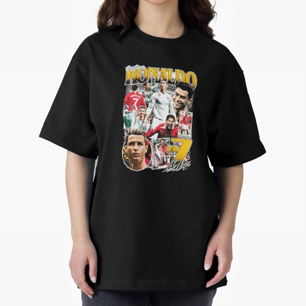 Cristiano Ronaldo Cr7 Collage Oversized T-Shirt Follow Global Football Passion for FIFA World Cup 2026, Celebrating Haaland and Mbappe, Netherlands, Retro Football Energy, Iconic Rivalries, Trophy Chase Drama and Stadium Atmosphere; Great for Watch