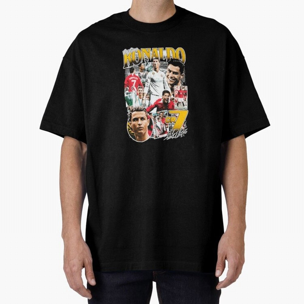 Cristiano Ronaldo Cr7 Collage Oversized T-Shirt Follow Global Football Passion for FIFA World Cup 2026, Celebrating Haaland and Mbappe, Netherlands, Retro Football Energy, Iconic Rivalries, Trophy Chase Drama and Stadium Atmosphere; Great for Watch