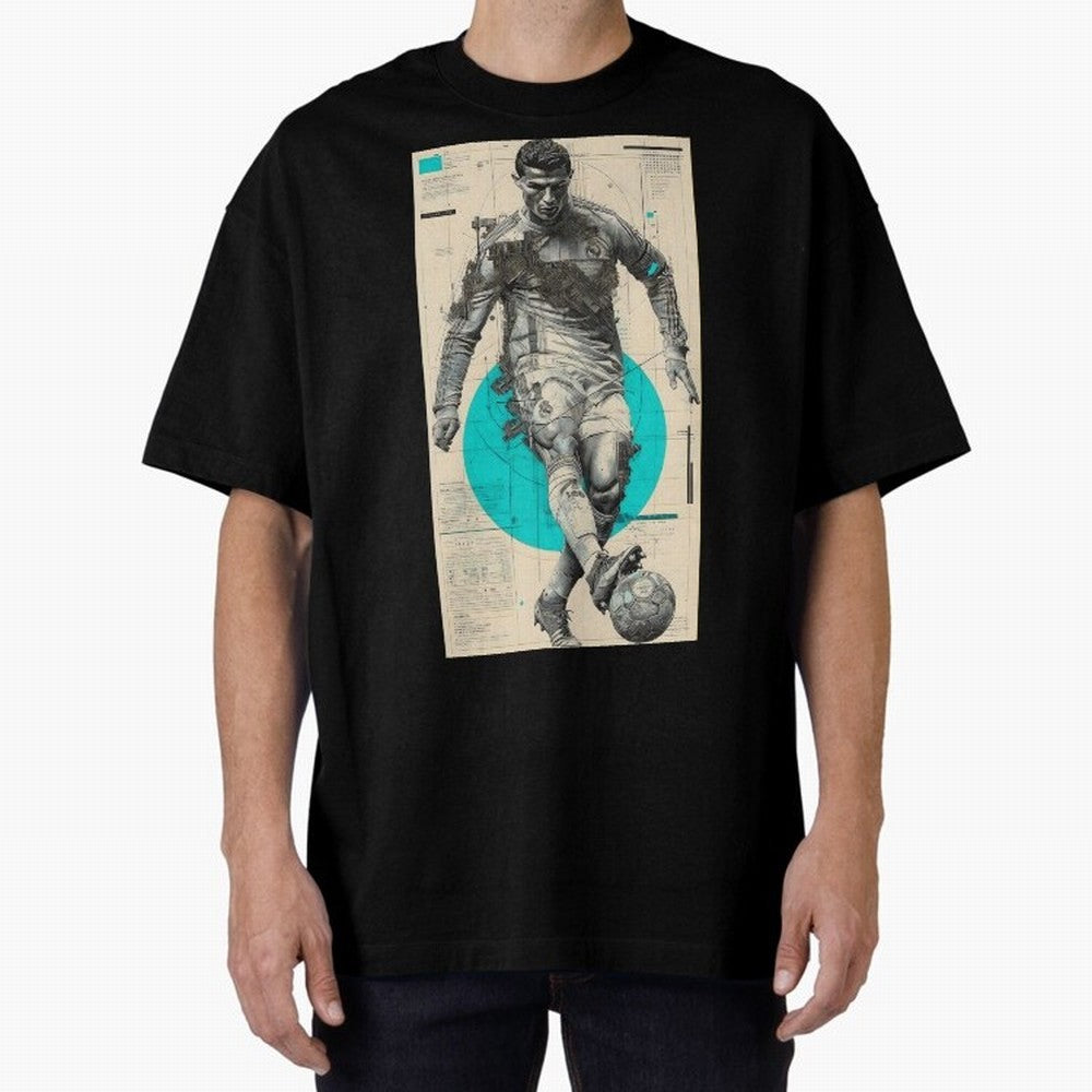 Futuristic Cristiano Ronaldo Illustration ¨C Cyber-Tech Football Art Oversized T-Shirt Celebrate Football Heritage in FIFA World Cup 2026 USA Canada Mexico for Fans of Neymar and Argentina, France and Brazil, Bringing Football Passion, Legendary