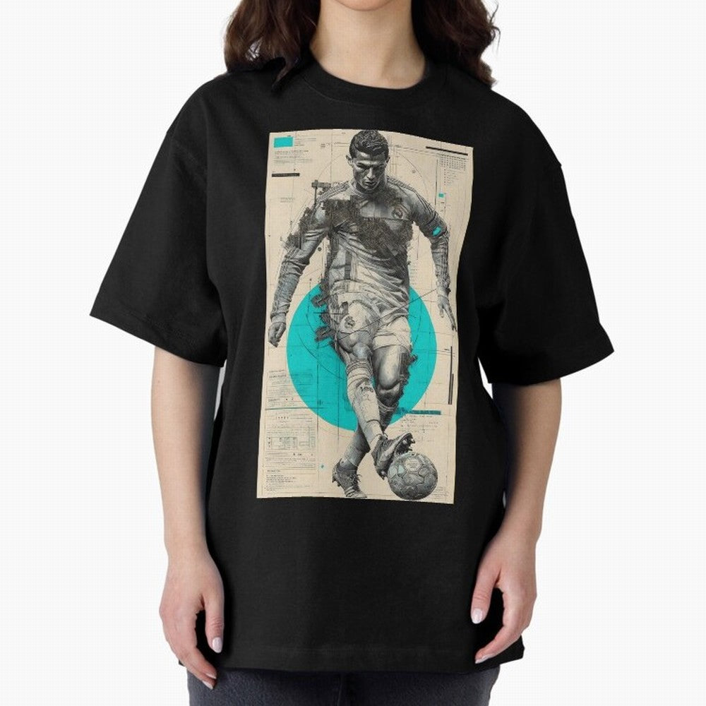Futuristic Cristiano Ronaldo Illustration ¨C Cyber-Tech Football Art Oversized T-Shirt Celebrate Football Heritage in FIFA World Cup 2026 USA Canada Mexico for Fans of Neymar and Argentina, France and Brazil, Bringing Football Passion, Legendary