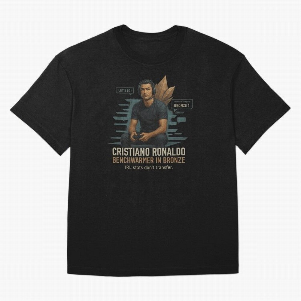 Cristiano Ronaldo Bronze Gamer ¨C Benchwarmers IRL Stats Don¡¯t Transfer Oversized T-Shirt Step into FIFA World Cup 2026 Capturing Messi, CR7 and Mbappe, England and Germany Energy, Soccer Culture, Superstar Moments, National Team Dreams and