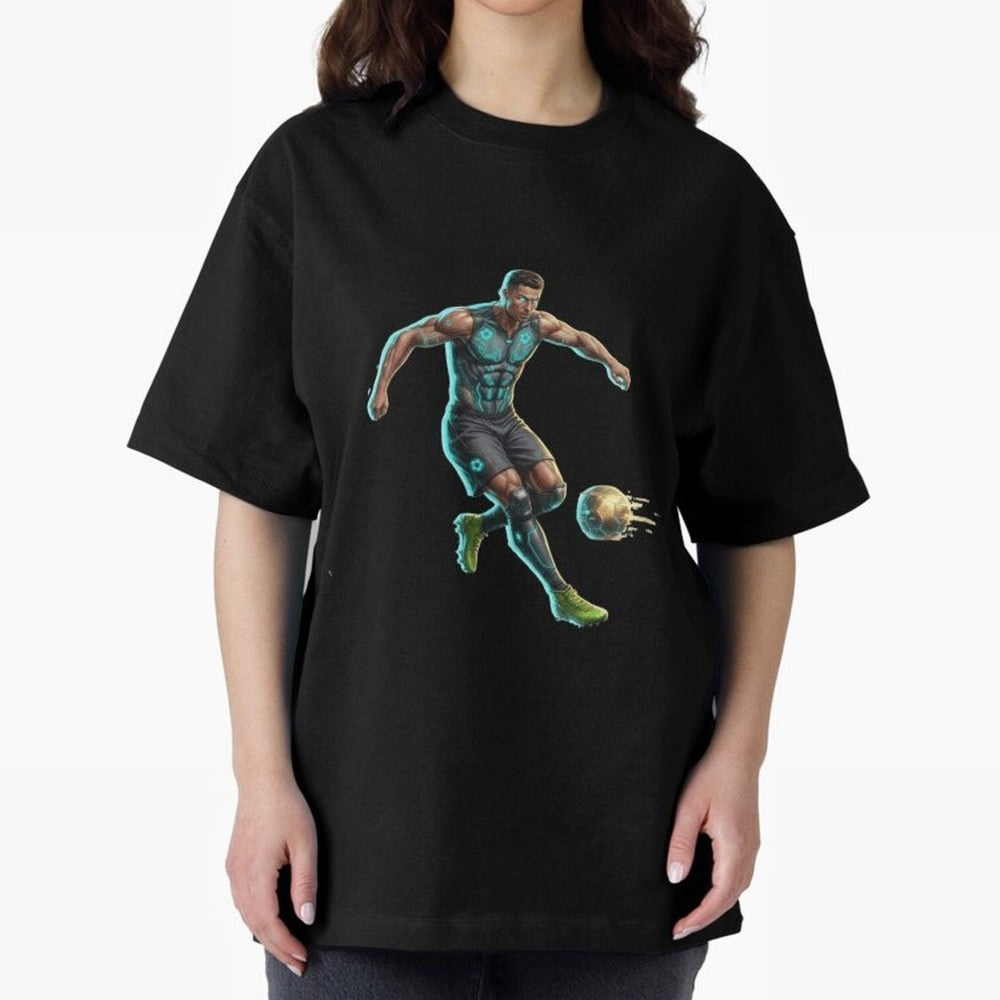 Cyberpunk Cristiano Ronaldo: Futuristic CR7 Kicking Glowing Soccer Ball Fan Art Oversized T-Shirt Keep Football History Alive during the FIFA World Cup 2026 Group Stage Journey through Messi Highlights, France Pride, Vintage Soccer Flavor, Modern