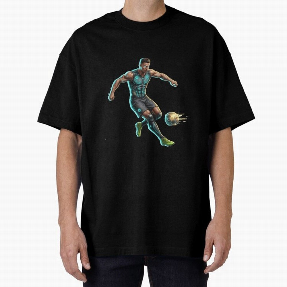 Cyberpunk Cristiano Ronaldo: Futuristic CR7 Kicking Glowing Soccer Ball Fan Art Oversized T-Shirt Keep Football History Alive during the FIFA World Cup 2026 Group Stage Journey through Messi Highlights, France Pride, Vintage Soccer Flavor, Modern