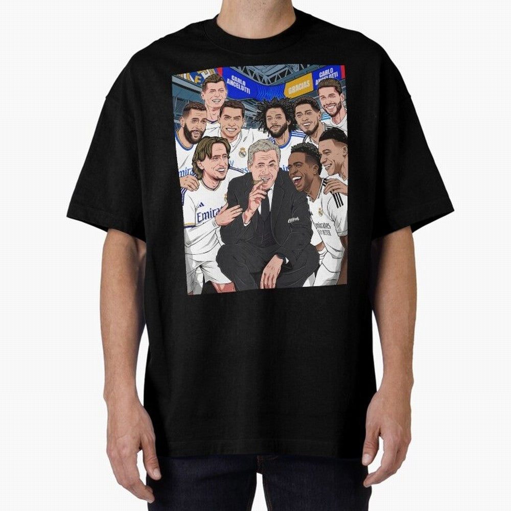 Carlo Ancelotti and Real Madrid Players Oversized T-Shirt Celebrate Every Goal in Global Football Passion for FIFA World Cup 2026 USA Canada Mexico, Celebrating Mbappe, Portugal, Supporter Pride, Iconic Celebrations, Legendary Names and Global