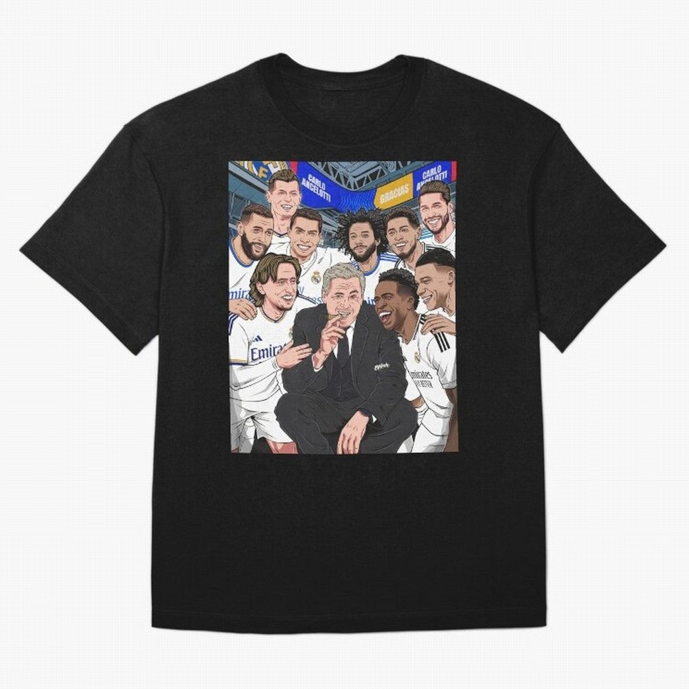 Carlo Ancelotti and Real Madrid Players Oversized T-Shirt Celebrate Every Goal in Global Football Passion for FIFA World Cup 2026 USA Canada Mexico, Celebrating Mbappe, Portugal, Supporter Pride, Iconic Celebrations, Legendary Names and Global
