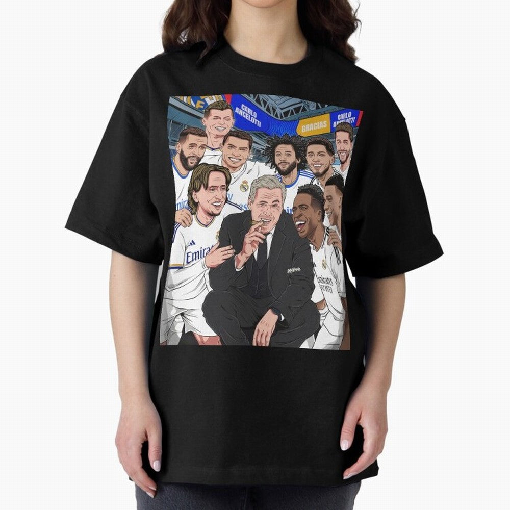 Carlo Ancelotti and Real Madrid Players Oversized T-Shirt Celebrate Every Goal in Global Football Passion for FIFA World Cup 2026 USA Canada Mexico, Celebrating Mbappe, Portugal, Supporter Pride, Iconic Celebrations, Legendary Names and Global