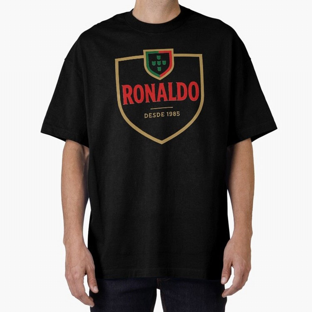 Ronaldo Emblem Sticker ¨C Gold Crest Parody Design Oversized T-Shirt Make Your Look Match FIFA World Cup 2026 USA Canada Mexico for Fans of Mbappe and Neymar and England, Bringing Global Supporter Spirit, Legendary Goals, National Colors and