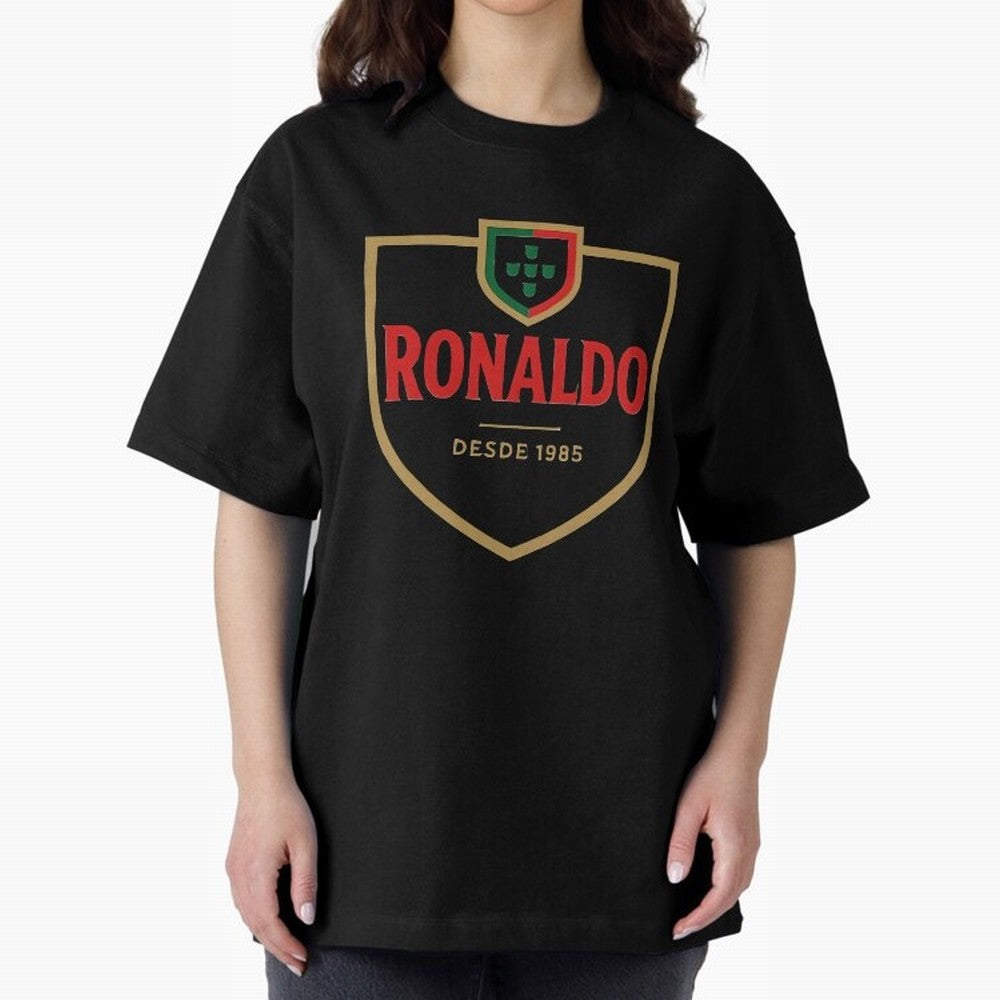 Ronaldo Emblem Sticker ¨C Gold Crest Parody Design Oversized T-Shirt Make Your Look Match FIFA World Cup 2026 USA Canada Mexico for Fans of Mbappe and Neymar and England, Bringing Global Supporter Spirit, Legendary Goals, National Colors and