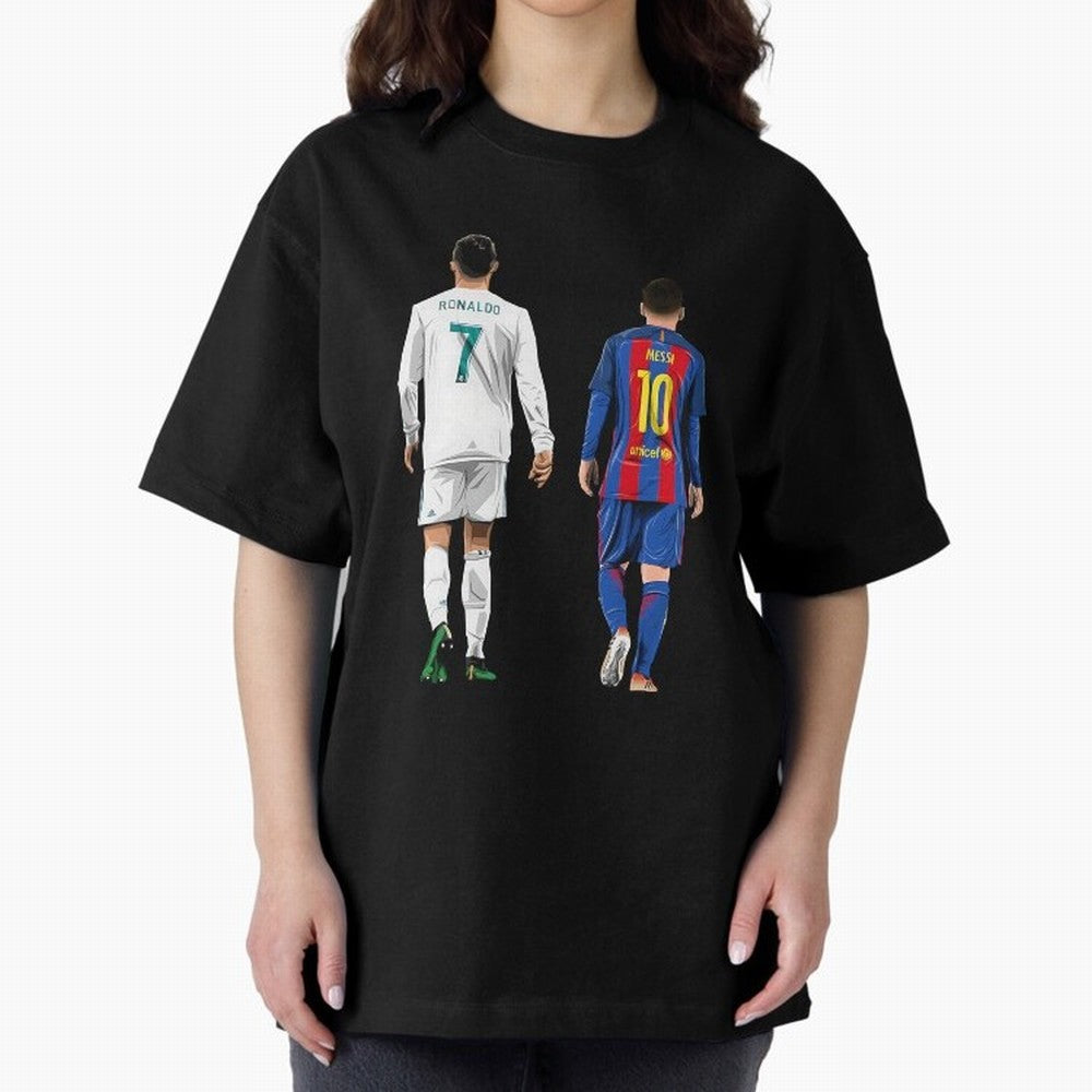 Cristiano Ronaldo & Messi vector Oversized T-Shirt Bring Champion Energy into the FIFA World Cup 2026 Journey through Messi Highlights, England and Germany Pride, Retro Football Energy, Iconic Rivalries, Trophy Chase Drama and Stadium Atmosphere;