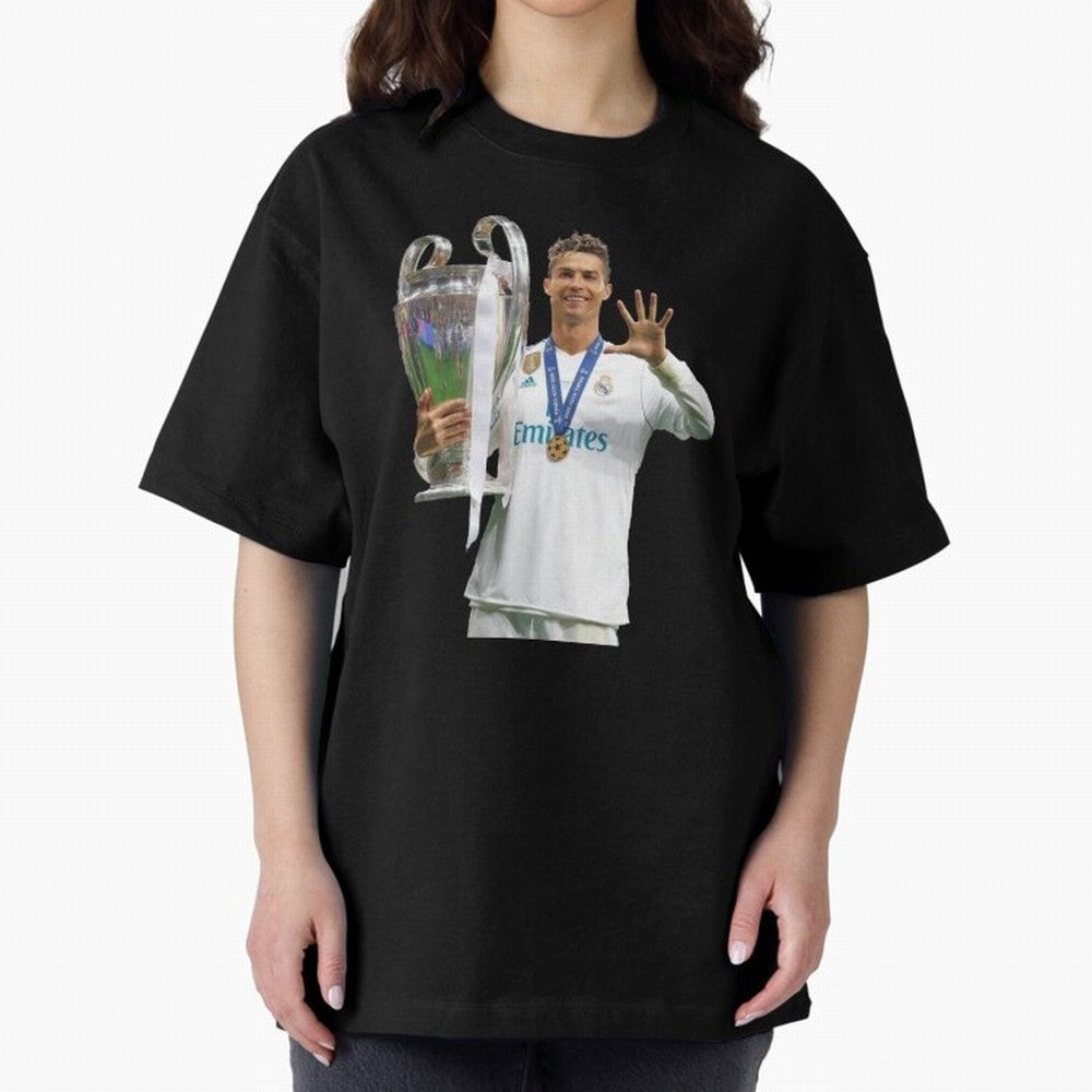 Cristiano Ronaldo with the cup Oversized T-Shirt Follow the Road to FIFA World Cup 2026 USA Canada Mexico Spirit, with Brazil, Mbappe, Football Passion, Legendary Performances, Festival Vibes and Supporter Community; Great for Watch Parties, Sports
