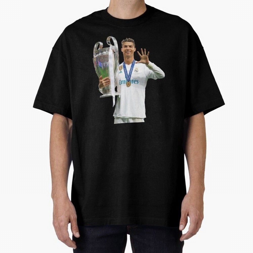 Cristiano Ronaldo with the cup Oversized T-Shirt Follow the Road to FIFA World Cup 2026 USA Canada Mexico Spirit, with Brazil, Mbappe, Football Passion, Legendary Performances, Festival Vibes and Supporter Community; Great for Watch Parties, Sports