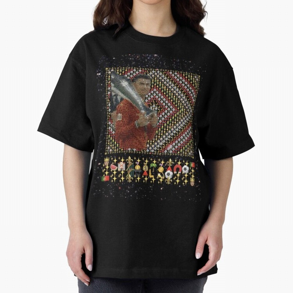 Iconic Emojified Football Legend Holding Victory Trophy | Inspired Art Oversized T-Shirt Embrace the FIFA World Cup 2026 Group Stage Journey through Haaland Highlights, France Pride, Retro Football Energy, Iconic Rivalries, Trophy Chase Drama and