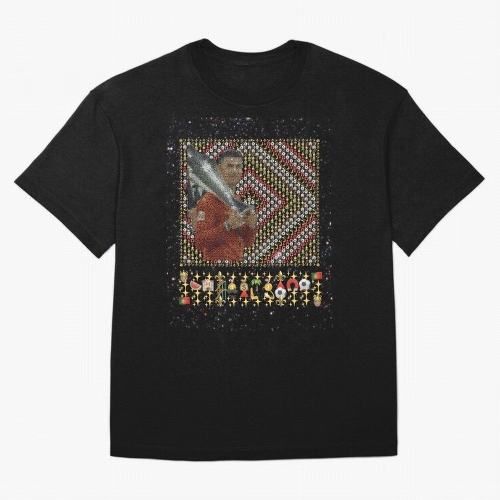 Iconic Emojified Football Legend Holding Victory Trophy | Inspired Art Oversized T-Shirt Embrace the FIFA World Cup 2026 Group Stage Journey through Haaland Highlights, France Pride, Retro Football Energy, Iconic Rivalries, Trophy Chase Drama and