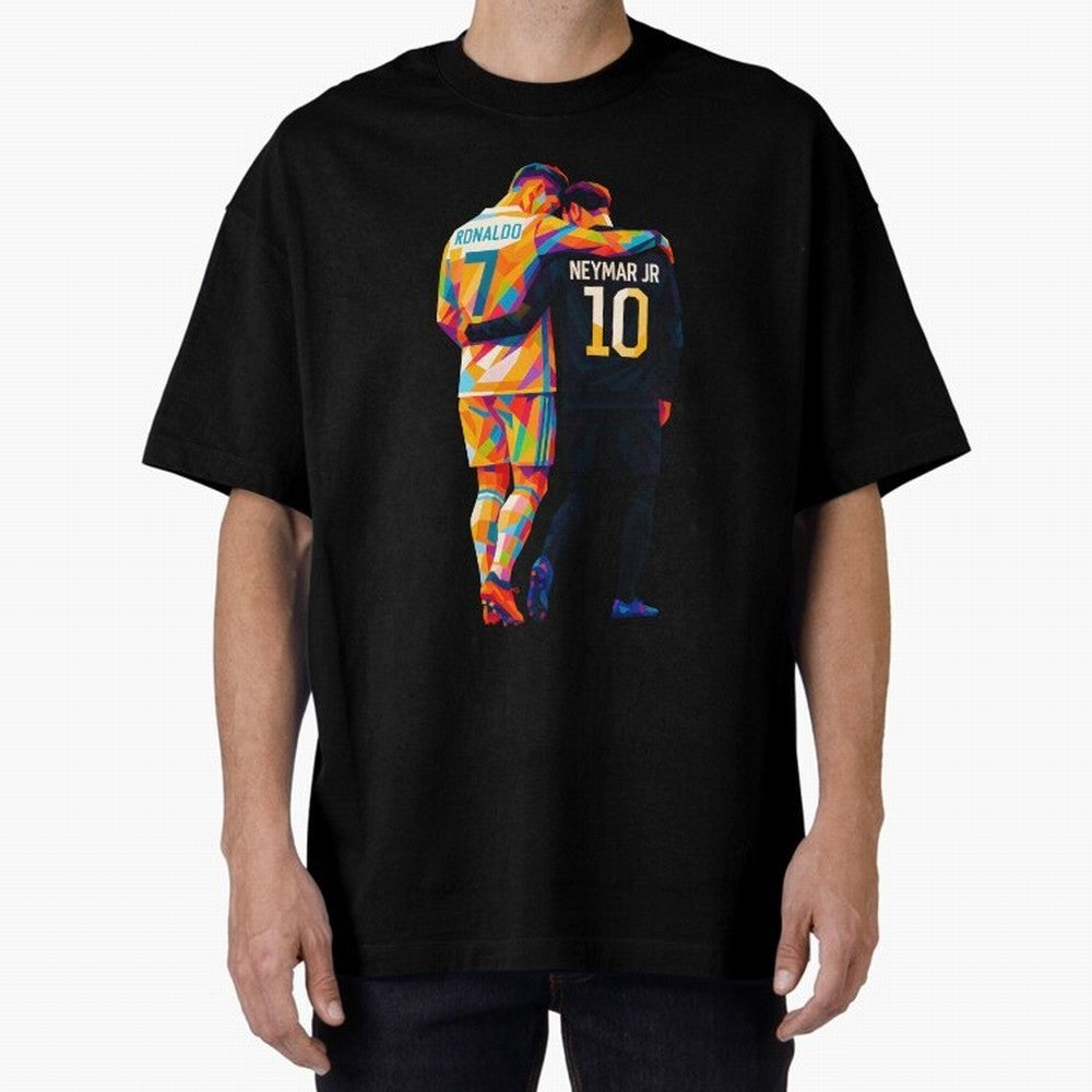 Cristiano Ronaldo & Neymar JR Wpap Art Oversized T-Shirt Celebrate Fan Culture around Match Day Hype around FIFA World Cup 2026 Group Stage, Messi, Neymar and Mbappe, Spain, Worldwide Fan Energy, Dramatic Goals, Stadium Lights and Championship